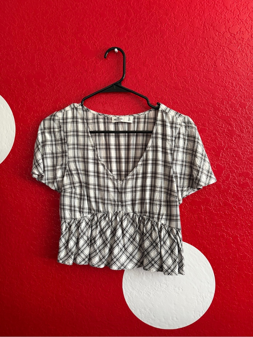 Hollister White and Black Plaid Peplum V-Neck Crop Top
